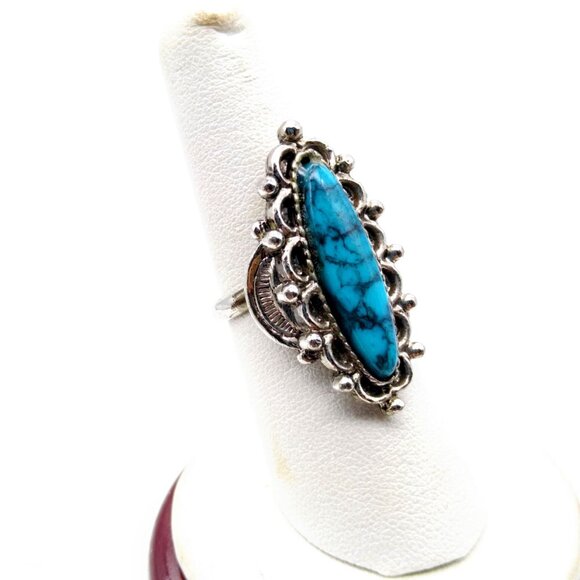 Retro Turquoise Look Statement Ring, Adjustable Silver Tone with Plastic Faux - Picture 4 of 7
